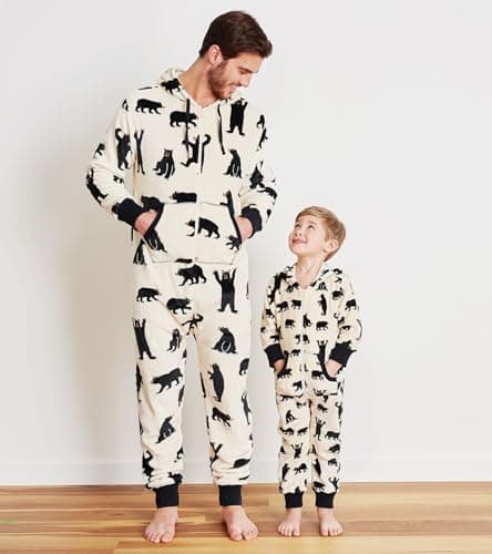 Hatley Women's Hooded Fuzzy Fleece Black Bear Family Jumpuits Onesie