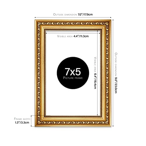 7x5 Gold Ornate Picture Frame 7"x5"(17.7x12.7cm) Poster, Photo, Artwork, or Print. Shabby Chic Style Portrait and Landscape Display with Wall Hooks