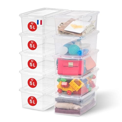 Iris Ohyama, Storage Boxes with Lids, Plastic Storage Box with Lid, Stackable, 5L/10Pack, BPA Free, Clear, W32.7 x D19.1 x H11.4cm, CNL-5