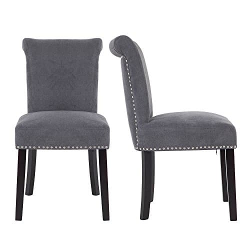 LSSPAID Upholstered Fabric Dining Room Chairs with Polished Nailhead Wood Legs in Grey, Set of 2