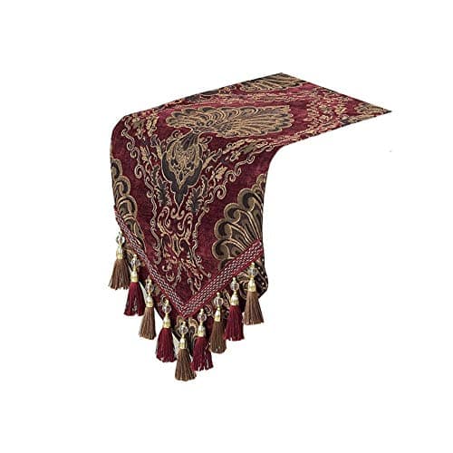 Yoovi Modern Elegant Jacquard Fabric Floral Table Runner and Dresser Scarf with Multi Tassels Living Room Bedroom Home Decoration (Maroon, 13''W x 82''L)