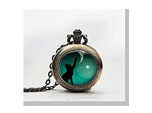 Black Cat Pendant Pocket Watch,Black Cat Print Necklace Pocket Watch Charm, Black Cat Print Pendant Pocket Watch Glass Tile Jewelry,Glass Black Cat Pocket Watch