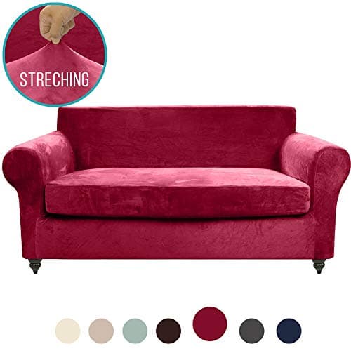 MOYMO 2-Piece Stretch Velvet Loveseat Slipcover,High Stretch Loveseat Cover,Slipcovers for couches and loveseats, Loveseat Slip Cover for Leather Loveseat, Living Room,Pets,Dogs,Child(Loveseat:Beige)