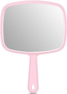 PROTECLE Large Hand Mirror, Salon Barber Hairdressing Handheld Mirror with Handle (Square Pink 10.3"x7.4")
