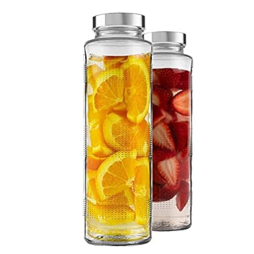 Brezzycloud Glass Food Grade Airtight Water Bottle with Leak-Proof Stainless Steel Lid - Water, Smoothie, Juicer and Beverage Glasses - 750ml (Set of 2)