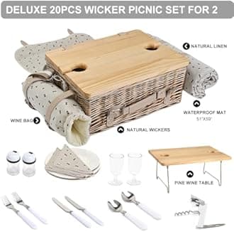 Multifunctional Wicker Picnic Basket Set for 2 with Blanket and Picnic Table, Insulated Picnic Set with Full Tablewares for Camping Outdoor Couples,Cherry