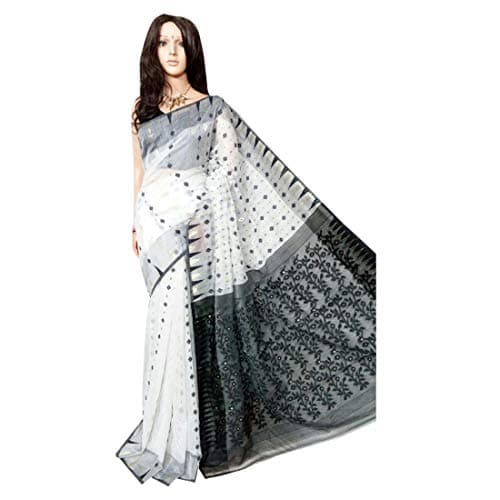 Black & White Self Dhaka Jamdani Soft Finish Floral Behula Wedding Saree Indian Formal Sari Handmade Bengal Weavers 138