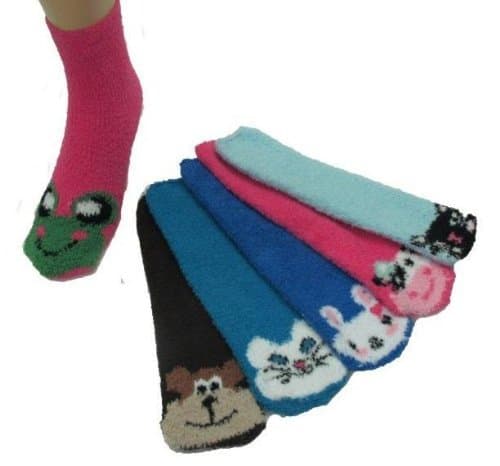 Super Soft Fuzzy Socks, Solid Color With Animal Design, 12 Pair, Size 9-11