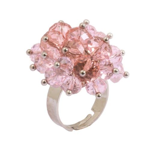 Bedazzled Pink Glass Bead Cluster Flower Silver Coloured Adjustable Cocktail Ring - Gift Boxed