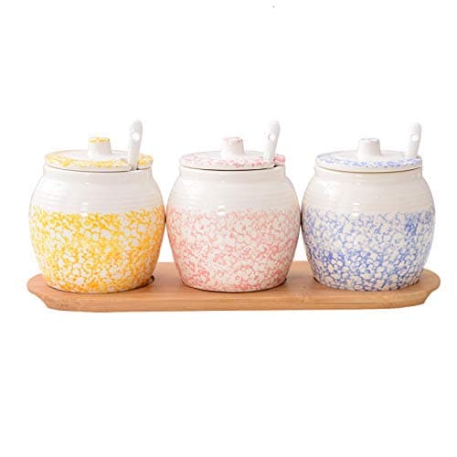 Set of 3 Ceramic Spice Jar Sugar Bowl Condiment Pots Seasoning Container with Lids Spoons and Wooden Tray for Home and Kitchen