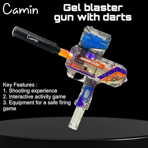 Camin Gel Blaster Gun | Automatic Ball Shooter | Safe & Non-Toxic | Fun Outdoor Toy for Adults | Electric Operated | Ideal Birthday & Return Gift (Uzi Transparent with Light, 10K Gel Balls)