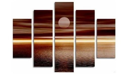 100% Hand Painted Art Moon Rising from Sea Modern Oil Painting on Canvas Wall Art Home Decoration 5 Piece Art on Canvas Stretch and Ready to Hang