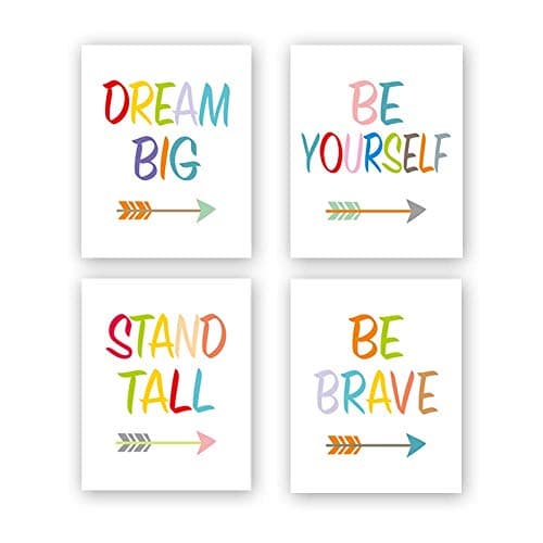 LHIUEM Colorful Inspirational Quote Dream Big& Be Brave Wall Art,Watercolor Boho Arrow Art Print,Set of 4(8”×10”,Unframed)Typography Cardstock Motivational Saying Poster For Nursery Kids Room Playroom Decor