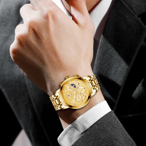 senstone Moon Phase Watch for Men Chronograph Dial Analog Quartz Wristwatch Luxury Diamond Business Dress Watch with Luminous Waterproof Calendar Stainless Steel Strap