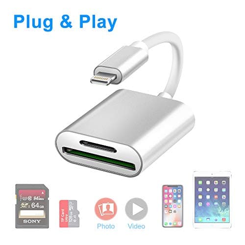 Aluminum Dual Slot SD/TF Card Reader Adapter for iPhone/ipad Trail Camera Viewer SD Memory Card Reader Camera Reader OTG Compatible with iPhone/iPad, No App Required Support Photo & Video