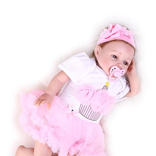 Pompon Handmade Real Life Baby Dolls Pink Dress 22 Inch Soft Silicone Vinyl Reborn Lifelike Newborn Baby Girl Dolls Magnetic Pacifier Realistic Baby Doll Laughing Lifelike Baby Dolls Reborn Baby Dolls