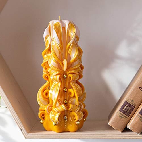 Christmas candles yellow and white - carved candle set with gold beads