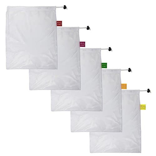 MESH PRODUCE BAGS By Spigo Reusable and Washable with Color Coded Tags, Ideal for Grocery Shopping, Making Nut Milk, Washing and Storing Fruits and Vegetables, 5 Count, 12x14 Inches