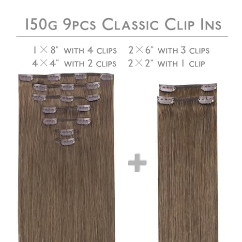 WENNALIFE Clip in Hair Extensions, 150g 20 Inch 9pcs Light Ash Brown Human Hair Extensions Thicker Clip in Hair Extensions Real Human Hair Clip Set Double Weft