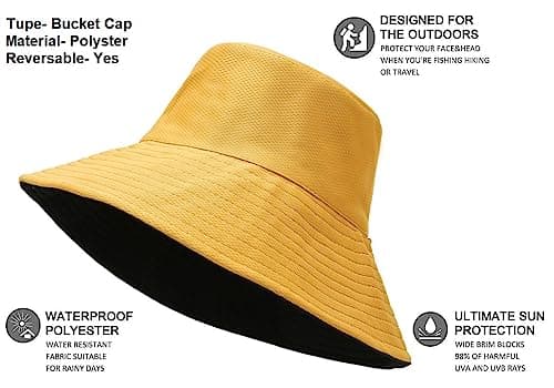 Alexvyan Women Polyester Yellow-Black Bucket Cap Hats Reversible UV & Sun Protection Wide Brim Summer Caps Hat UV Protection Breathable Casual Beach, Large
