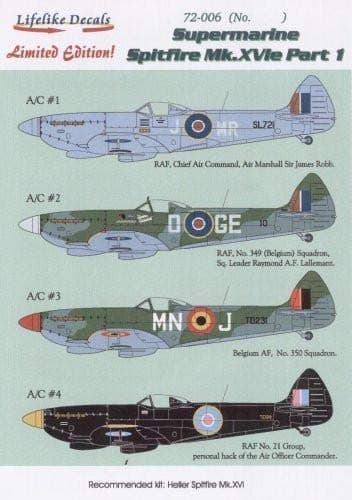 Lifelike 1/72 Scale Decal for Spitfire Mk.XVIe Part I for Heller - 72-006