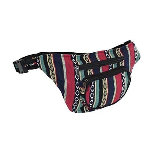 Native Red and Navy Tribal Fabric Waist Bag, 3 Zipper Fanny Pack, Handmade Nepal