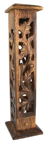 JCS IndustriesCarved Wood Square Tower Incense Burner Holder wSlide-Out Ash Catcher - Flat Roof Top