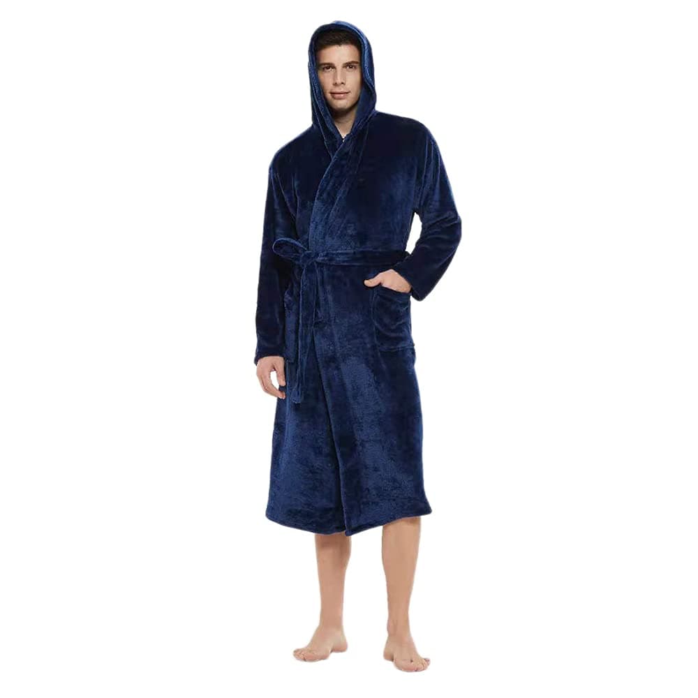 U2SKIIN Mens Hooded Robe, Plush Robes for Men Long Fleece Bathrobe, Navy Blue Hooded, Large-X-Large