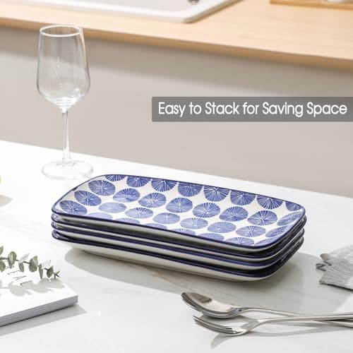 Selamica Ceramic Serving Plates, 14" Serving Trays for Entertainment Parties, Large Rectangular Plates for Appetizers, Cold Meats, Desserts, Fruits, Gift, Set of 4, Vintage Blue