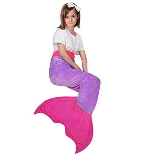 Maidream Mermaid Tail Blanket Upgraded Double-Layered Soft Cozy Fleece Warm Sleeping Bag with Necklace Gift for Kids and Teens(Ages 3-12) (Purple/Rose Red)