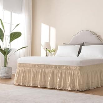 MIYE Wrap Around Ruffled Lace Bed Skirt, Elastic Dust Ruffle with Adjustable Belts, Easy to Put On, Bed Frame Cover, Machine Washable (Tassel Ruffle/Beige, King/Queen-18 Drop)
