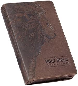 KJV Holy Bible, Standard Size Faux Leather Red Letter Edition - Thumb Index & Ribbon Marker, King James Version, Brown Lion Zipper Closure