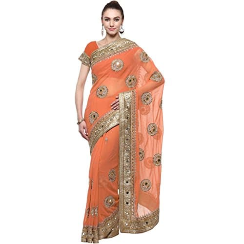 Triveni Women's Indian Orange Synthetic Stone Worked Sarees
