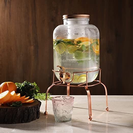 Glass Transparent Mason Jar Beverage Dispenser with Gold Stand, Glass Air Tight, Liquor Dispenser Beer Dispenser, 5 LTR.