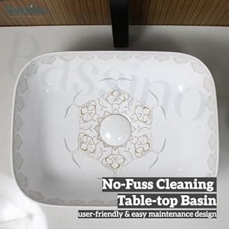 BASSINO 16x12x6 Inch Ceramic Counter Top Wash Basin/1 Year Warranty/White & Brown Basin for Bathroom/Moroccan Design/Rectangular Tabletop Washbasin for Restaurant/Dining Hall/Living Room/Home(Glossy)