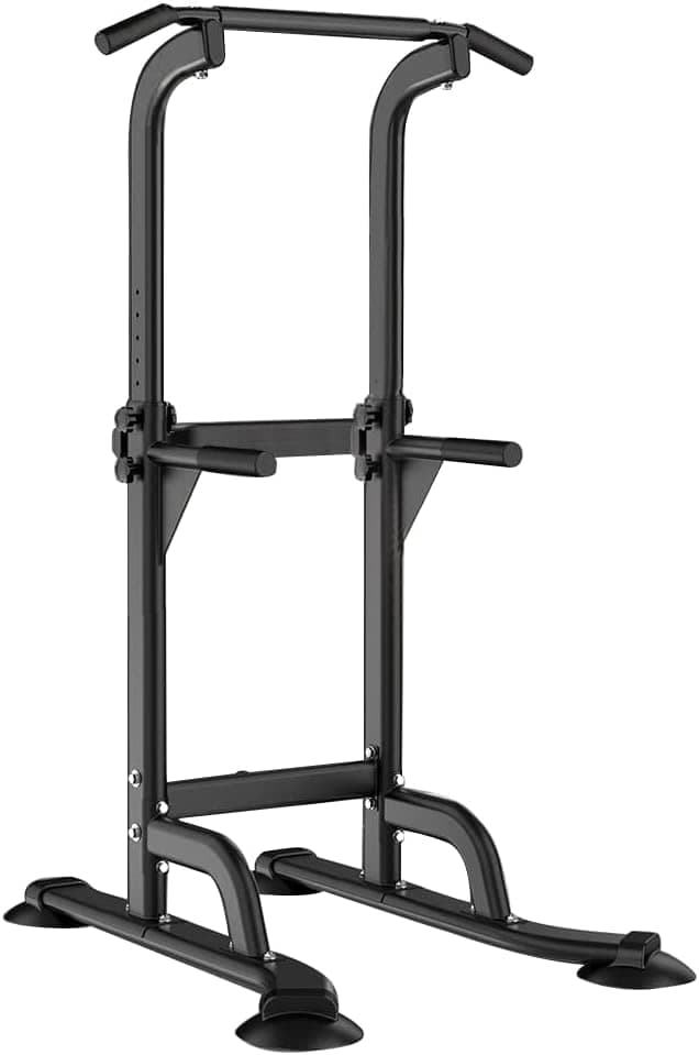 SogesHome Power Tower Pull Up Bar and Dip Station Adjustable Height Dip Stand Multi-Functional Strength Training Fitness Workout Station, Black