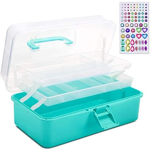 SGHUO 13'' 3-layer Plastic Storage Box Multipurpose Organizer Container Art Tool Case for Hair Craft Sewing Cosmetic Nail Polish Stationery Ornaments (Blue)