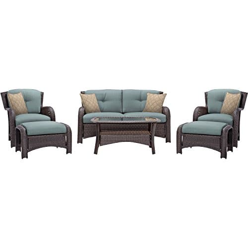 Hanover Strathmere 6-Piece Outdoor Patio Conversation Set, 2 Side Chairs with Ottomans, Loveseat and Tempered Glass Coffee Table, with Hand-Woven Wicker and Thick Ocean Blue Cushions, STRATHMERE6PCBLU