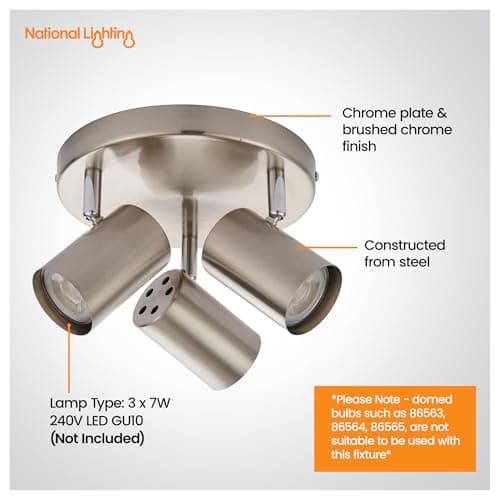 National Lighting Arezzo Modern 3 Way Decorative Nickel Finish GU10 LED Compatible Round Adjustable Dimmable Ceiling Spotlight, Satin Chrome