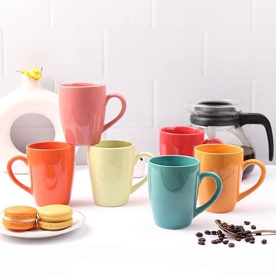 Ceramic Coffee Mug Set of 6 (280ml) Handcrafted Design Tea Cups Stackable, Chip Resistant, Large Serving Green Tea Cups, Edesia (Color May Vary)