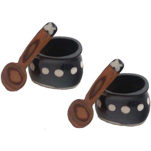 Olive Wood & Bone Inlay Small Spice Bowl & Spoon Dots 2-Set (Kenya)