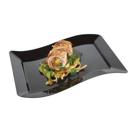 Pack of 10 - Elegant China-Like Hard Plastic Wavy Designed Rectangular Black Serving Plates ~ Reusable (Salad Plate)