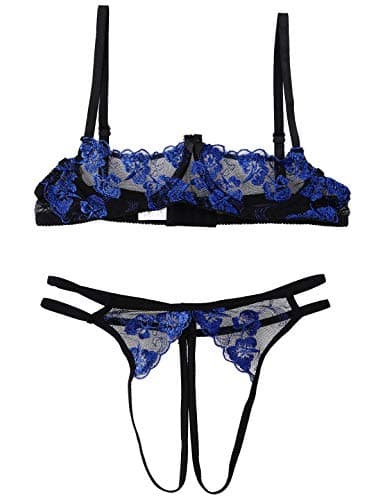 Kaerm Woman's See Through Sheer Lace Lingerie Set 1/4 Cups Underwired Push Up Bra Top with G-String Briefs