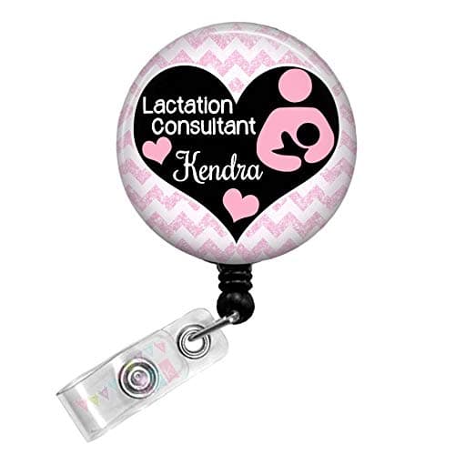 Lactation Consultant - Personalized - Pink Chevron with Pink Hearts - Button Badge Reel - BR0462
