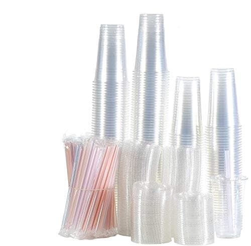 Set of 200 16oz Clear Plastic Cups with Flat Lids, Smoothie Wide Large Straw, Cold Smoothie Iced Coffee Cup with Lids, Great for Cocktail, Juice, Teas, Clear Frozen Drink Beverage (16oz, Flat)