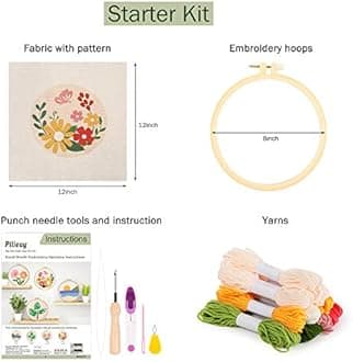 Pllieay Punch Needle Embroidery Starter Kit - Instructions, Fabric With Floral Pattern, Yarns, Hoops, Threader Tools For Rug-Punch & Pinch Needle - White