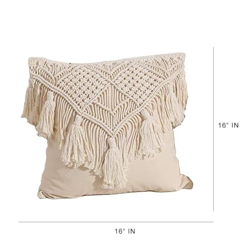 KAAHIRA Handmade Cotton Macrame Cushion Pillow Cover Boho Home Decor Abstract Pattern 16 x 16 Inch in Off White Color - 1 Pcs