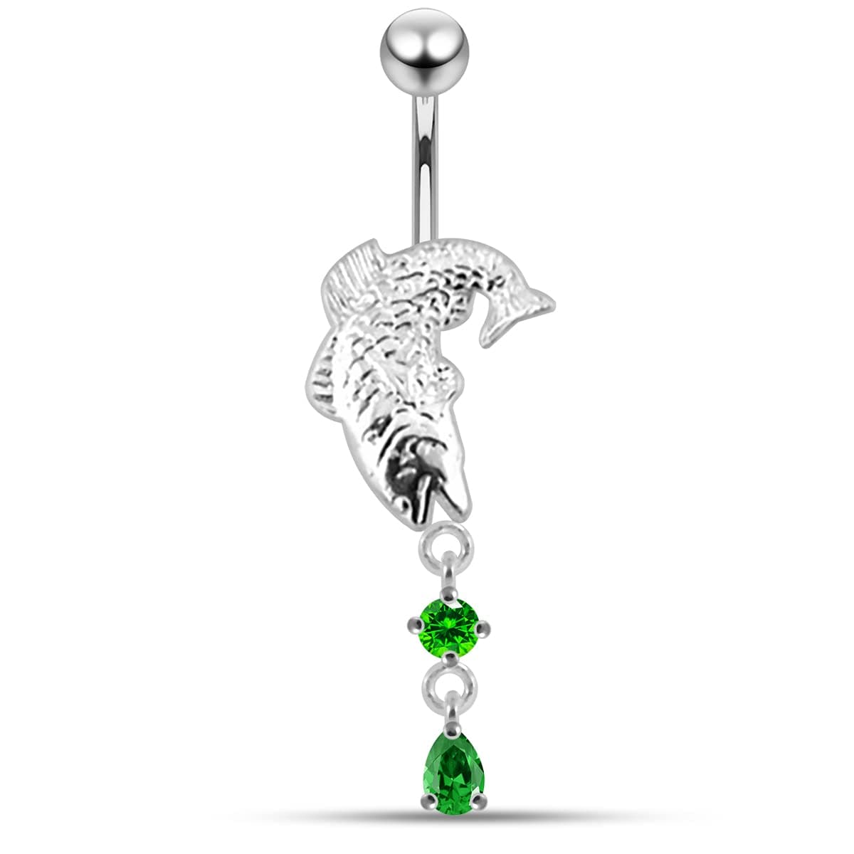 Silver Belly Rings CZ Crystal Stone Fish with Round and Teardrop Dangling 925 Sterling Body Jewelry