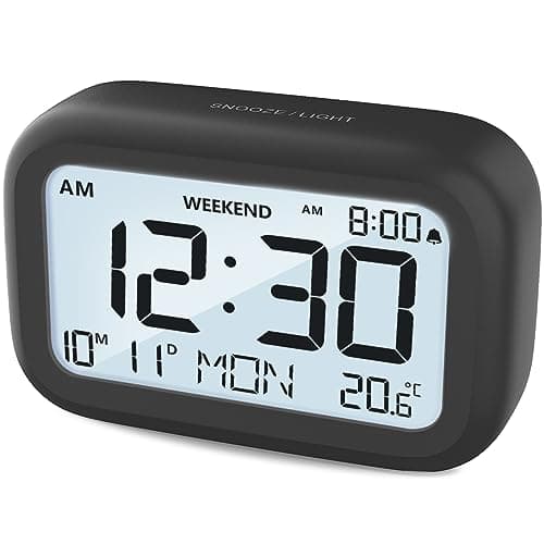 DOOMAY Digital Alarm Clock Bedside - Battery Powered Clock with LCD Display Volume Adjustable Snooze and Weekend Mode for Bedroom Office Desk Travel - Black
