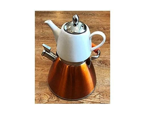 Akkaya Nostalji Orange Teapot Set S201 with Whistling Kettle Porcelain and Stainless Steel